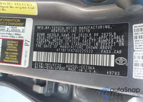 2016 Toyota Camry Se z USA, uszkodzony, nr VIN 4T1BF1FK7GU225522
